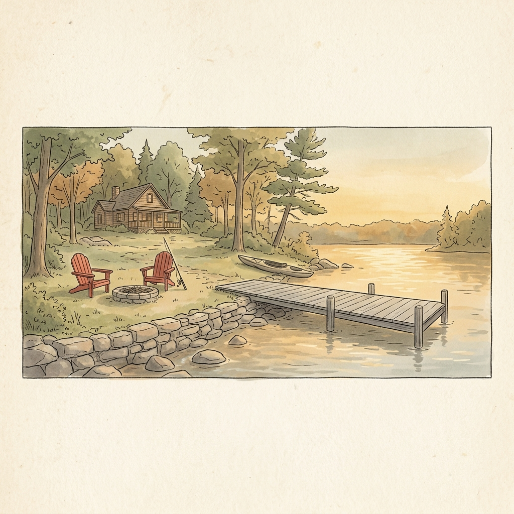 Illustration of the lakehouse at golden hour